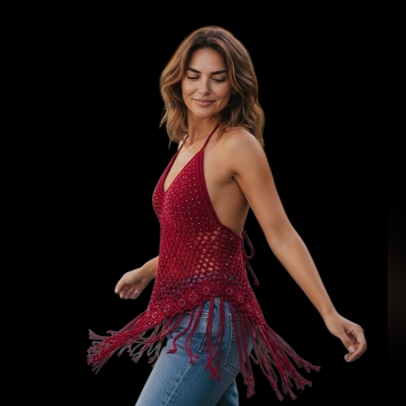 Source Unknown Tops - ♥️NEW Halter Tie Top Sparkles, Fringe